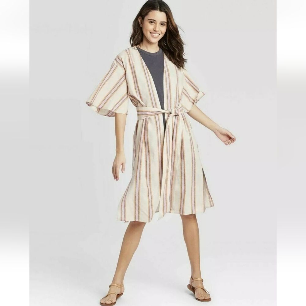 Universal Thread Women's NWT Short Sleeve Natural Stripe Linen Kimono Size XS/S